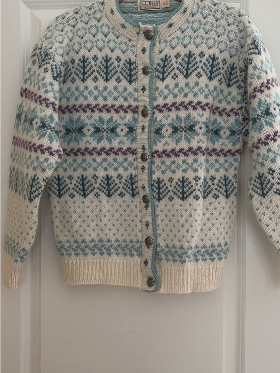 L.L. Bean Sweaters - L.L. Bean Cream Fair Isle Wool Cardigan with Teal & Purple Accents